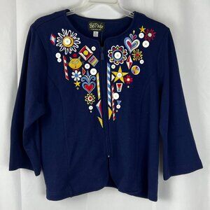 Bob Mackie Wearable Art Navy Blue Long Sleeve Sweater Cats Embellished Sz XL